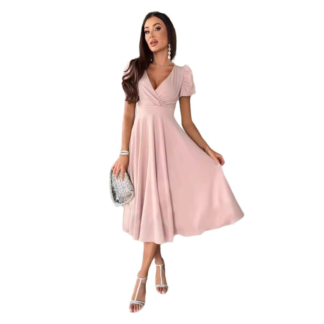 Women's elegant midi dress with wrap look and flared skirt Mune Fashion