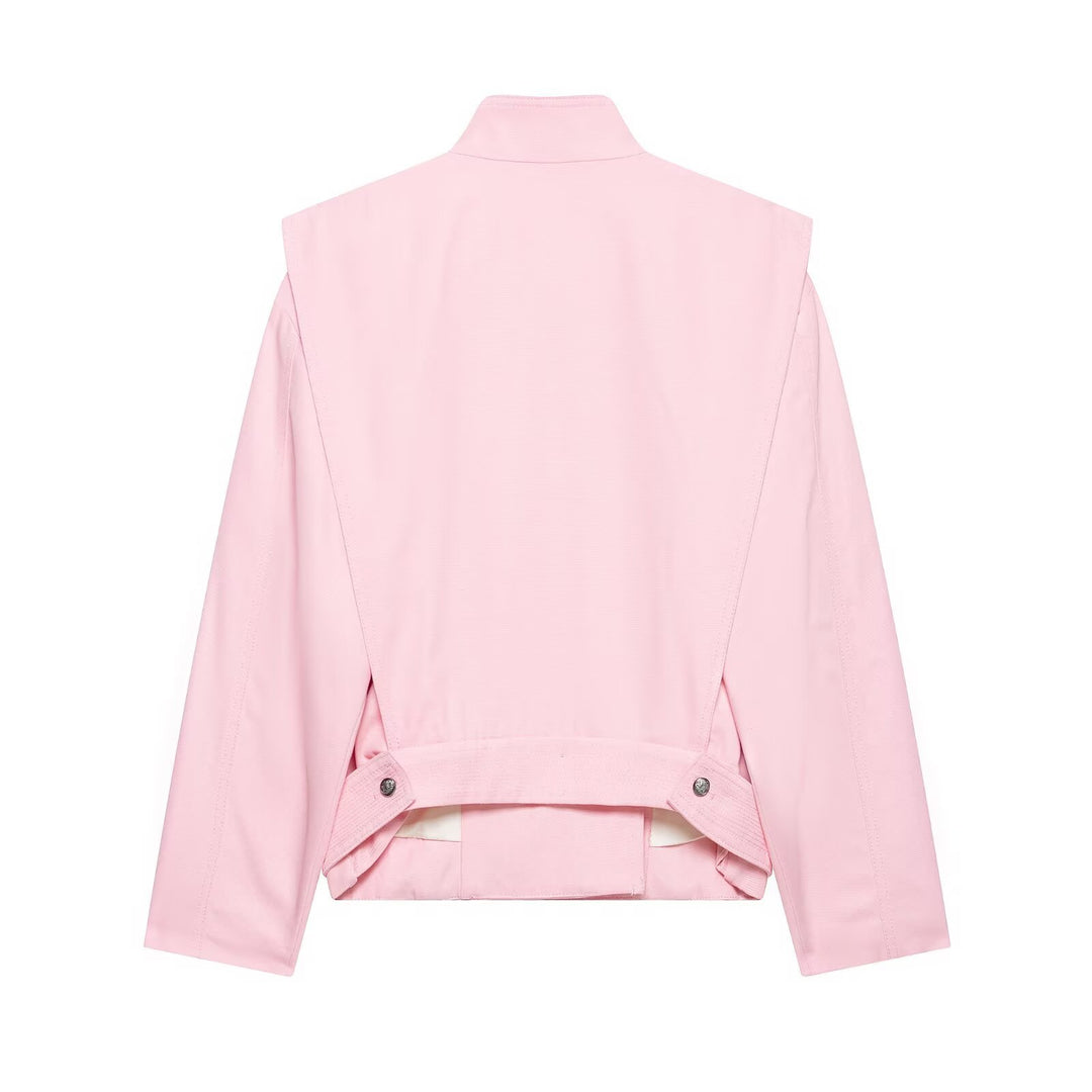 Women's Short Asymmetric Jacket with High Stand-Up Collar and Cape Shoulder Mune Fashion