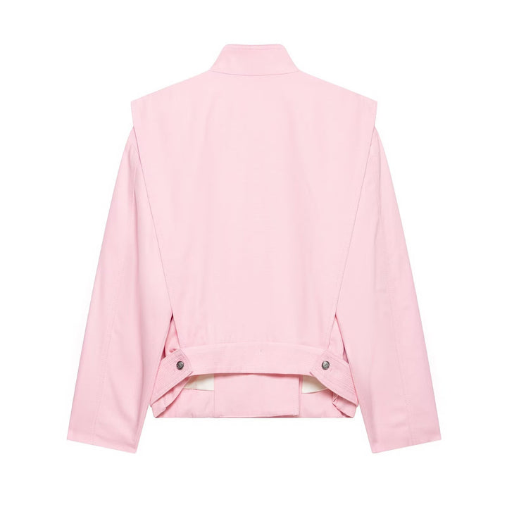 Women's Short Asymmetric Jacket with High Stand-Up Collar and Cape Shoulder Mune Fashion