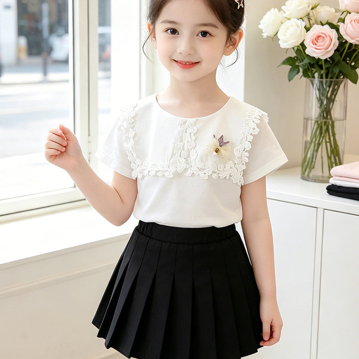 Girls T-Shirt with floral crochet appliqués Mune Fashion
