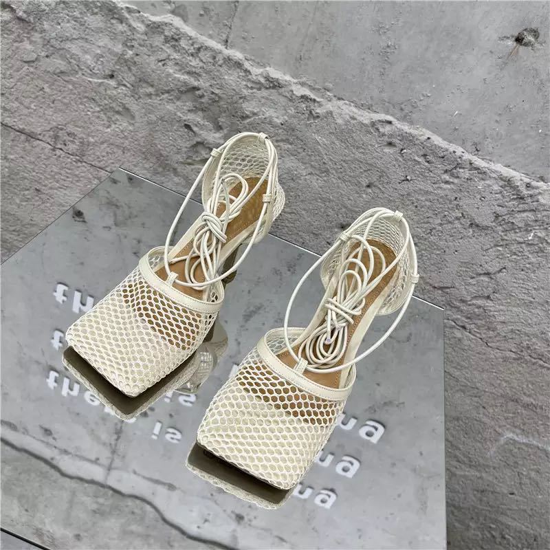 Ladies airy mesh sandal with square toe box and wrap lacing Mune Fashion
