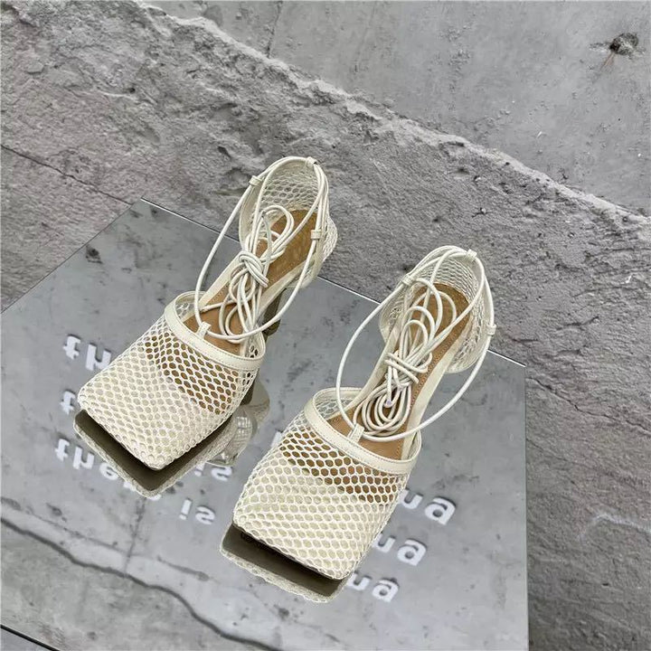 Ladies airy mesh sandal with square toe box and wrap lacing Mune Fashion