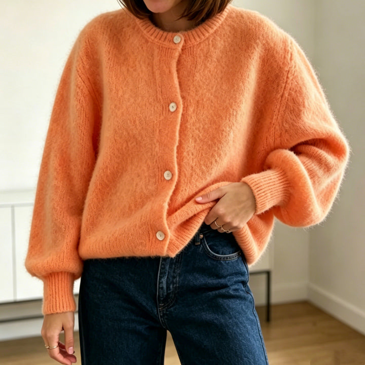 Women's Cozy Mohair-Look Cardigan with Round Neck and Balloon Sleeves Mune Fashion