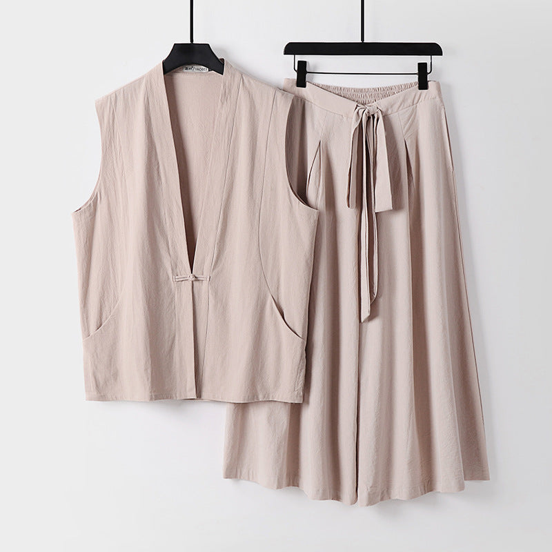 Women's Sleeveless Kimono Loungewear Set made of lightweight Viscose-Linen with Tied Vest and Wide Palazzo Pants Mune Fashion