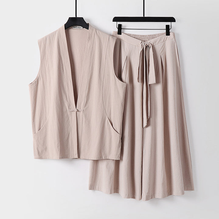 Women's Sleeveless Kimono Loungewear Set made of lightweight Viscose-Linen with Tied Vest and Wide Palazzo Pants Mune Fashion