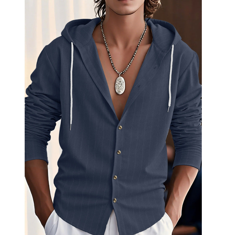 Men's modern hooded shirt with slim fit, continuous button placket, and fine pinstripe structure Mune Fashion