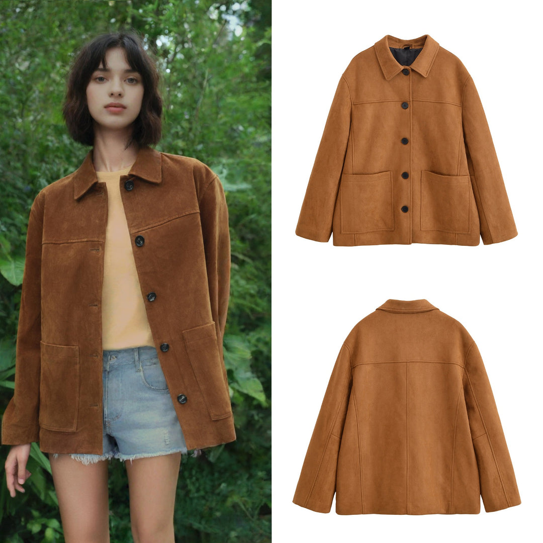 Women's Boxy Utility Jacket in Suede Look with Shirt Collar and Large Patch Pockets Mune Fashion