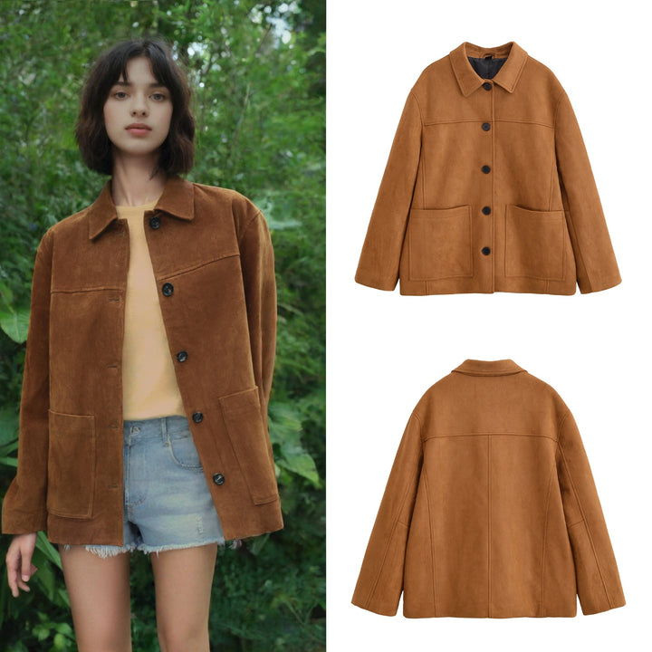 Women's Boxy Utility Jacket in Suede Look with Shirt Collar and Large Patch Pockets Mune Fashion