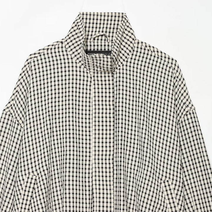Women's Oversized Check Jacket with Stand-Up Collar and Gathered Hem Mune Fashion