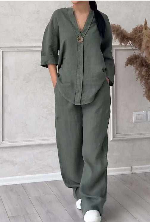 Women's casual linen relax set with wide pants and shirt blouse Mune Fashion