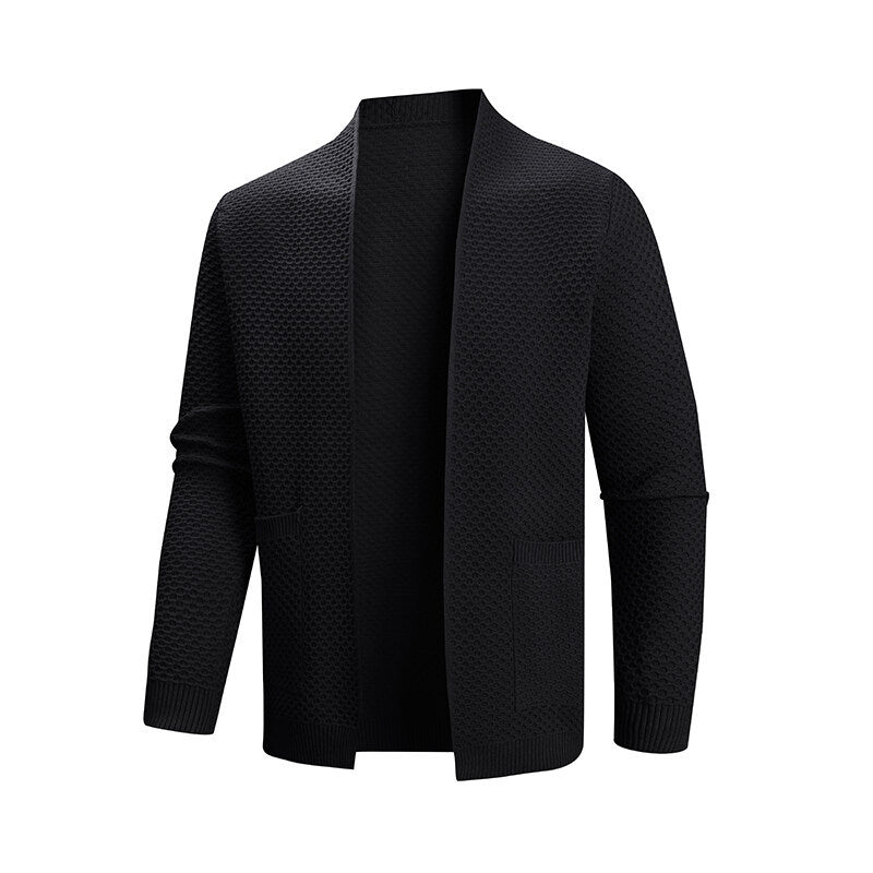Men's cardigan with open waffle knit and shawl collar, patch pockets, and ribbed cuffs Mune Fashion