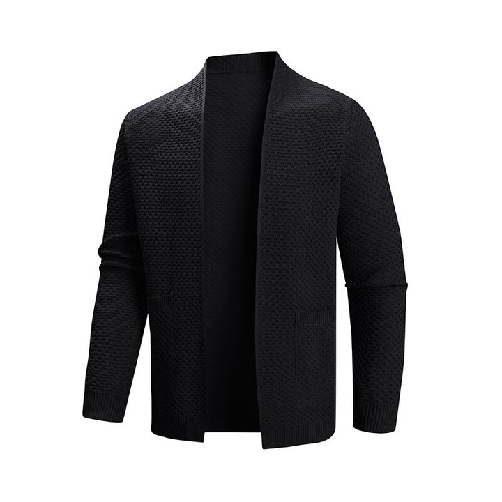 Men's cardigan with open waffle knit and shawl collar, patch pockets, and ribbed cuffs Mune Fashion