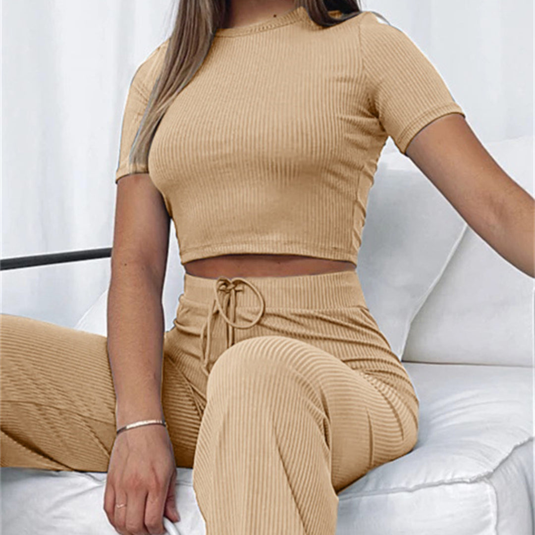 Women's Ribbed Crop Set made of Stretch Jersey with High-Waisted Drawstring Pants Mune Fashion