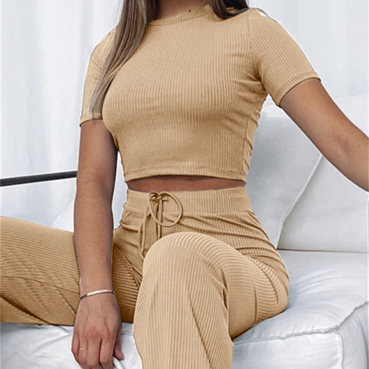 Women's Ribbed Crop Set made of Stretch Jersey with High-Waisted Drawstring Pants Mune Fashion