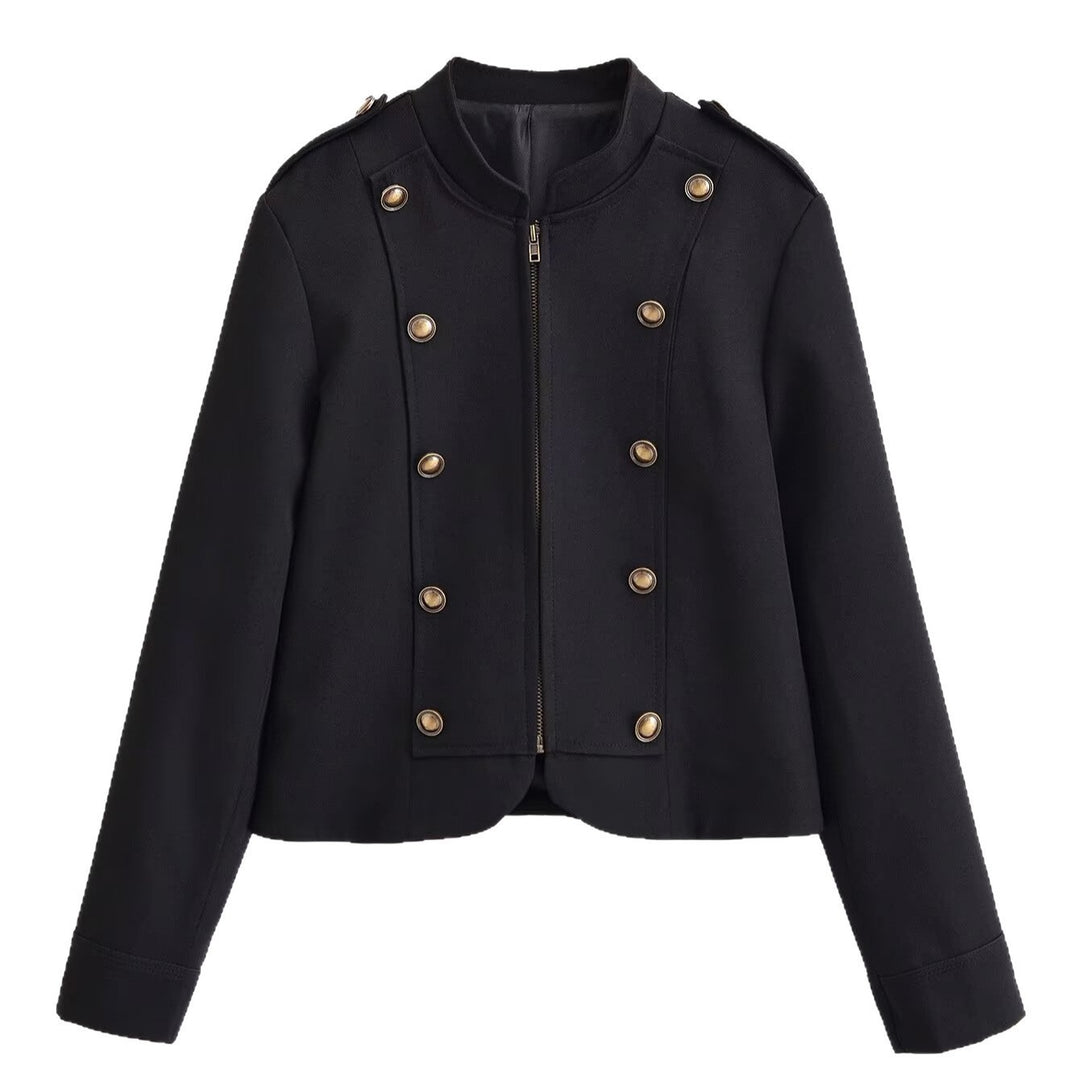 Women's short blazer in military look with stand-up collar, decorative button row and zipper Mune Fashion