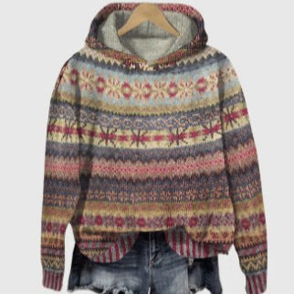 Women's oversized knitted hoodie with Norwegian pattern, lined hood and ribbed cuffs Mune Fashion