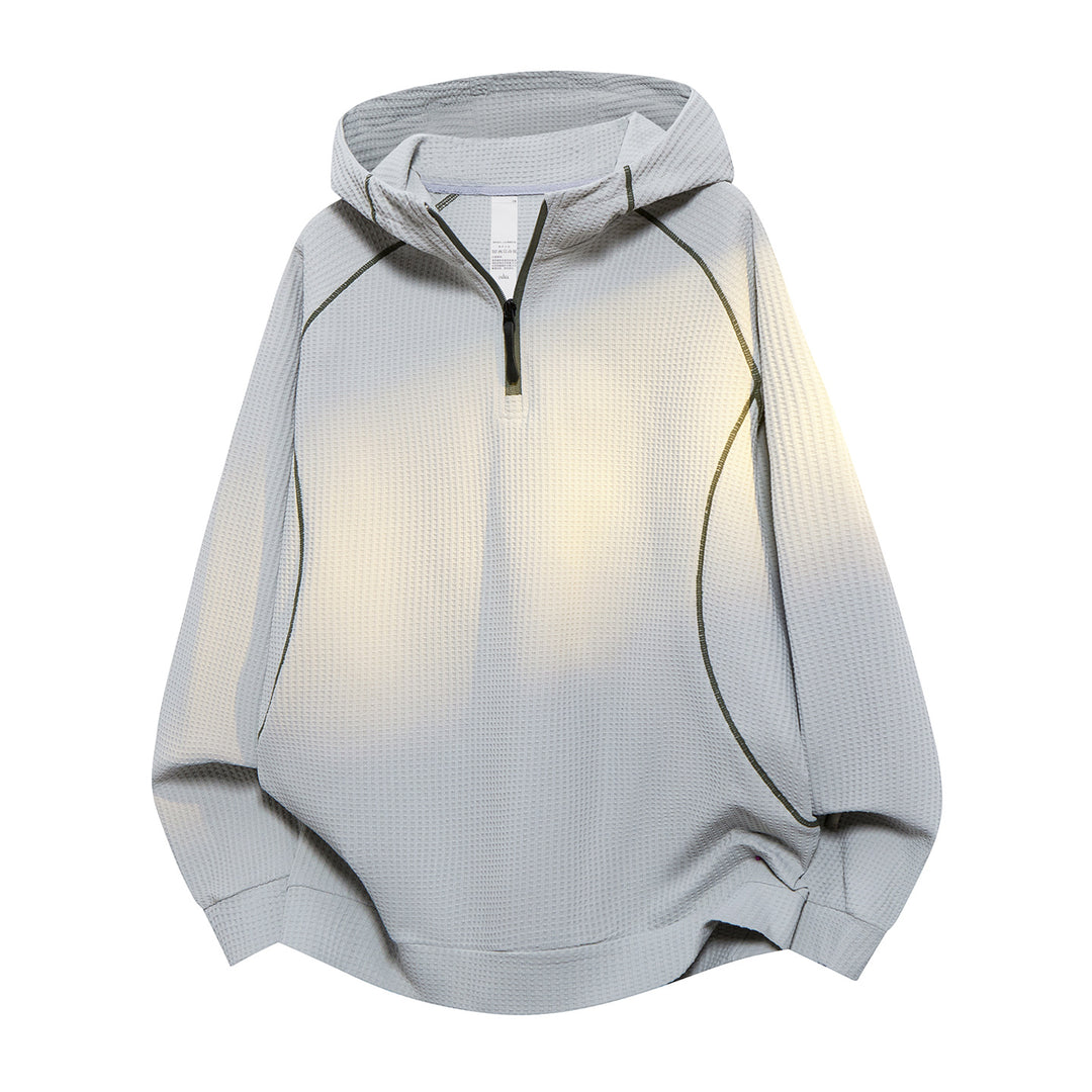 Unisex Oversize Waffle Texture Half-Zip Hoodie with Raglan Sleeves and Contrast Piping Drune