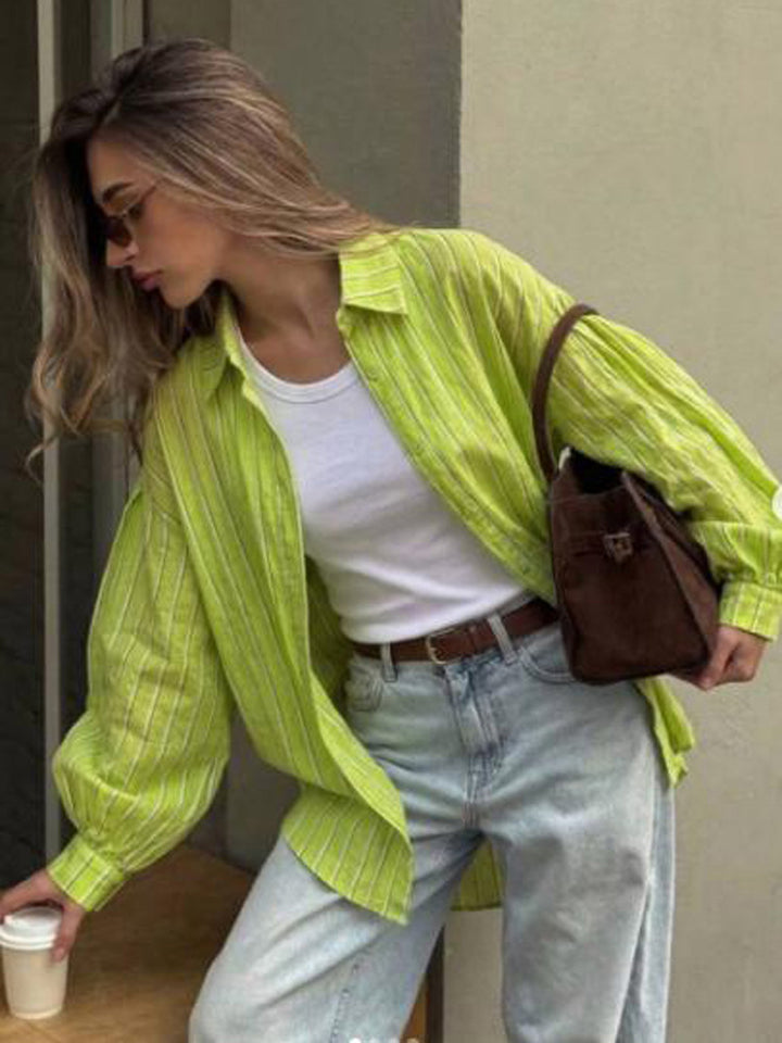 Ladies Oversize Linen Look Shirt Blouse with Stripes, Voluminous Sleeves & Extended Back Hem Mune Fashion