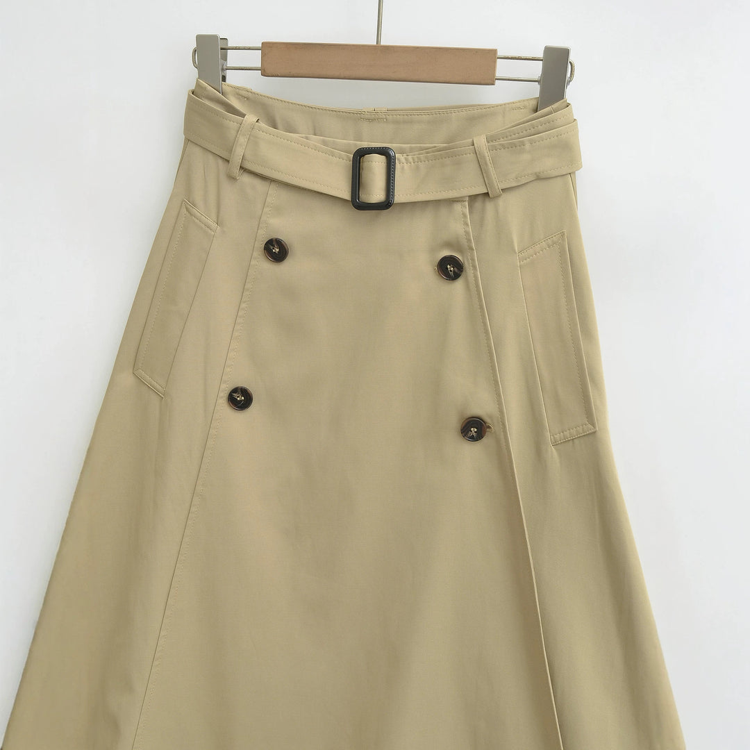 Women's A-Line Trench Skirt with Waist Belt and Decorative Button Placket Mune Fashion