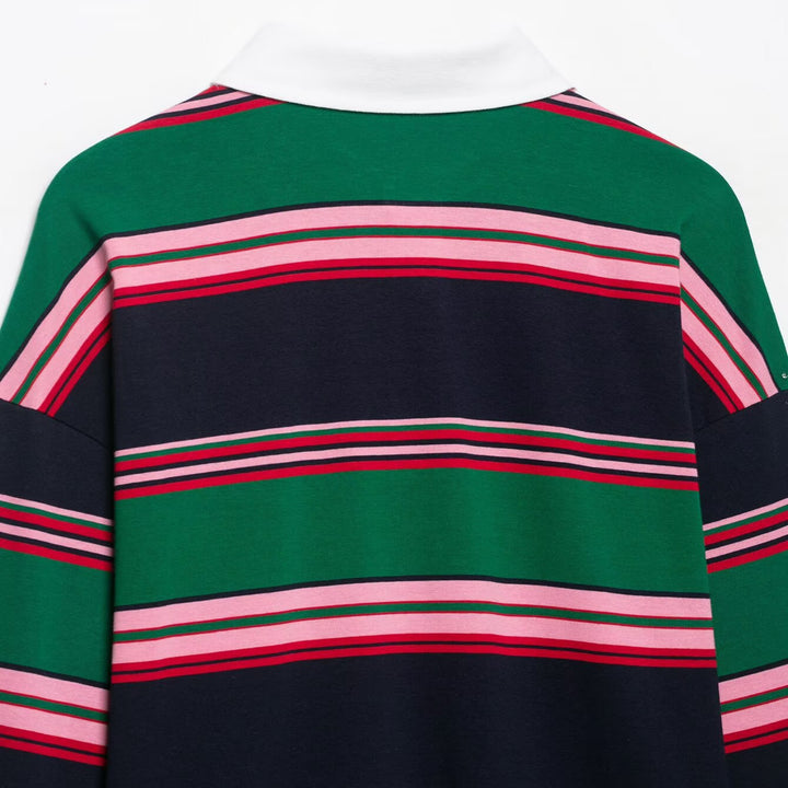 Women Oversize Rugby Polo Shirt with White Kent Collar and Wide Horizontal Stripes Mune Fashion