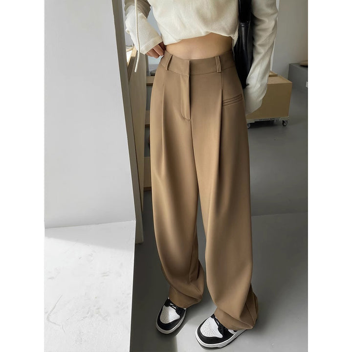 Women High-Waisted Tailored Trousers with Wide Leg, Pleats and Decorative Pocket Mune Fashion