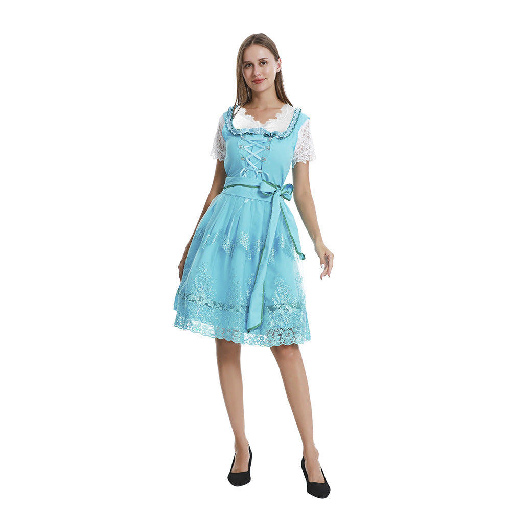 Women's romantic alpine dress with laced bodice, lace insert, and waist belt Mune Fashion