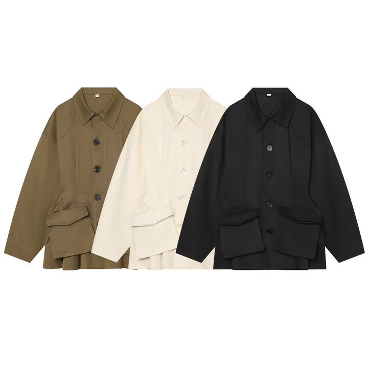 Women's Oversized Utility Jacket with Large Flap Pockets and Drawstring Mune Fashion