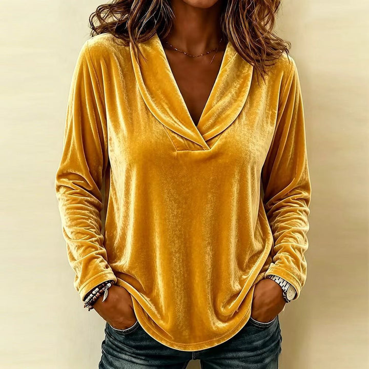 Ladies Velour Long Sleeve with Deep Shawl Collar and Rounded Hem Mune Fashion