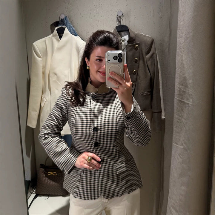Women's Tailored Short Blazer in Vichy Check with Stand Collar and Curved Hem Mune Fashion