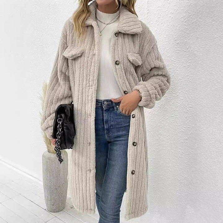 Women's longer teddy coat with shawl collar and patch breast pockets Mune Fashion
