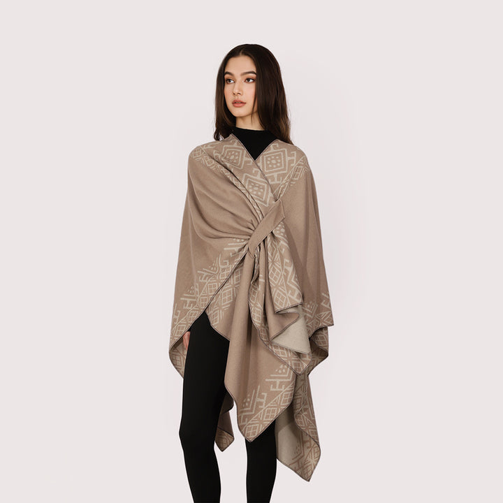 Women's cape poncho with knot closure, double-layer jacquard and soft wool blend Mune Fashion