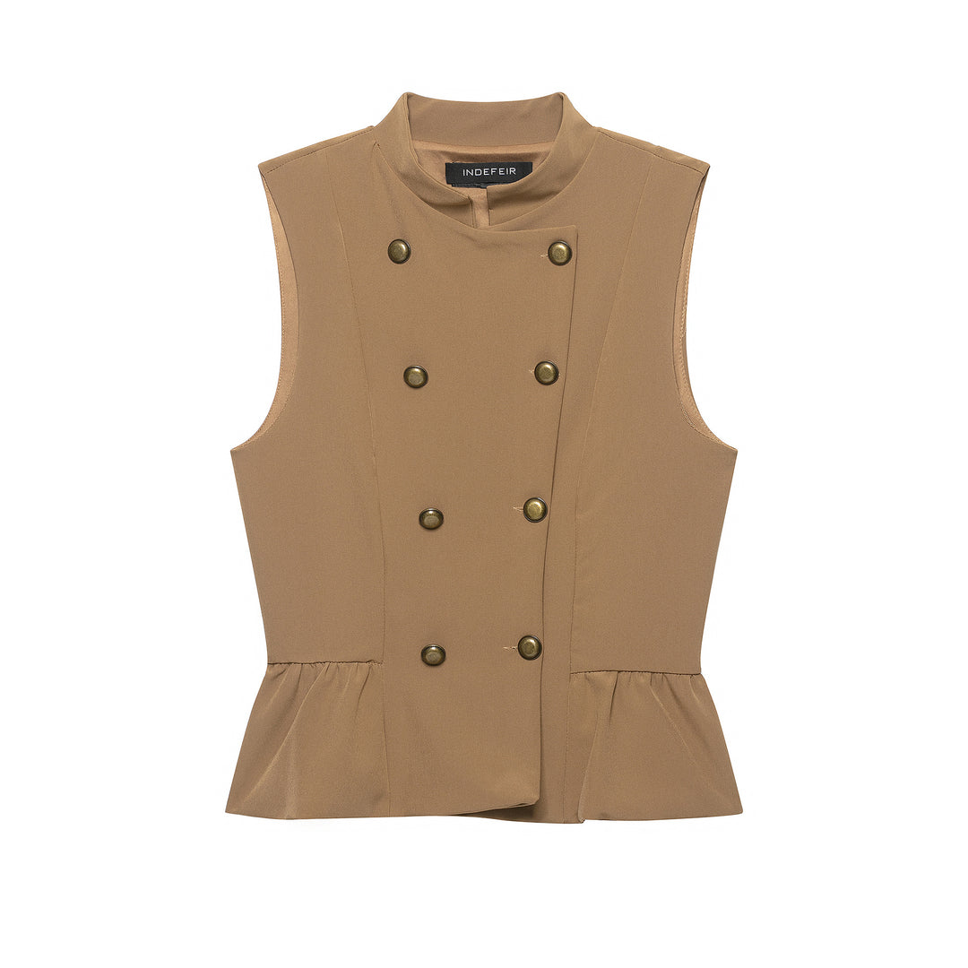 Women Double-Breasted Tailored Vest with Stand-up Collar and Waist Ruffle Mune Fashion