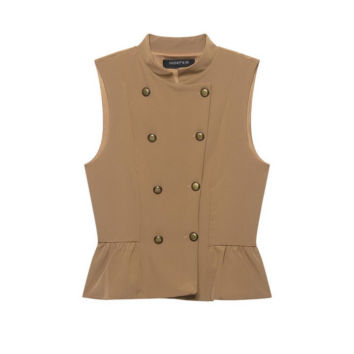 Women Double-Breasted Tailored Vest with Stand-up Collar and Waist Ruffle Mune Fashion