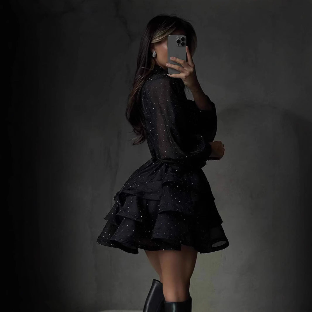 Women Transparent Ruffle Mini Dress with Shirt Collar, Balloon Sleeves and Waist Belt Mune Fashion