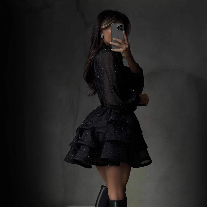 Women Transparent Ruffle Mini Dress with Shirt Collar, Balloon Sleeves and Waist Belt Mune Fashion