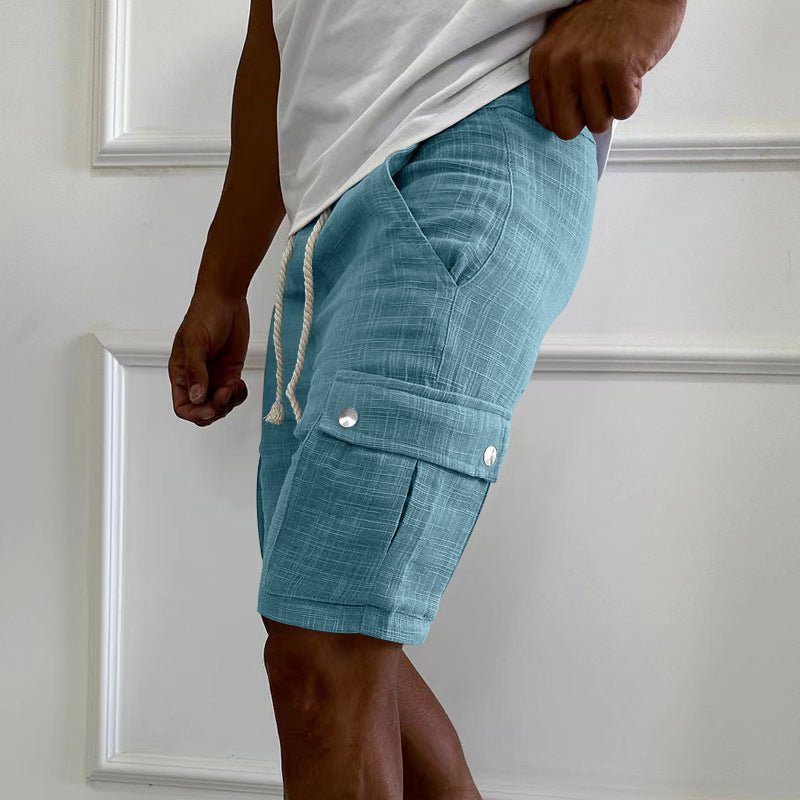 Men's urban cargo Bermuda shorts made of linen-cotton blend with elastic drawstring waistband and snap-flap pockets Mune Fashion