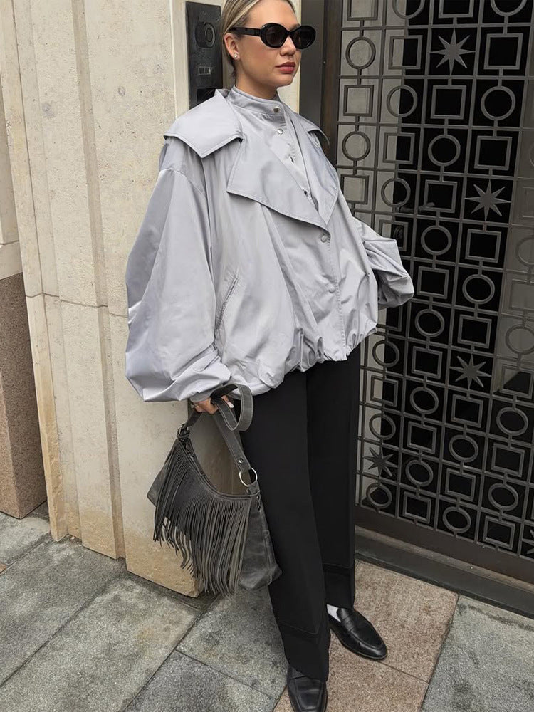 Women's Oversized Short Jacket with Wide Volume Sleeves and Drawcord Hem Mune Fashion