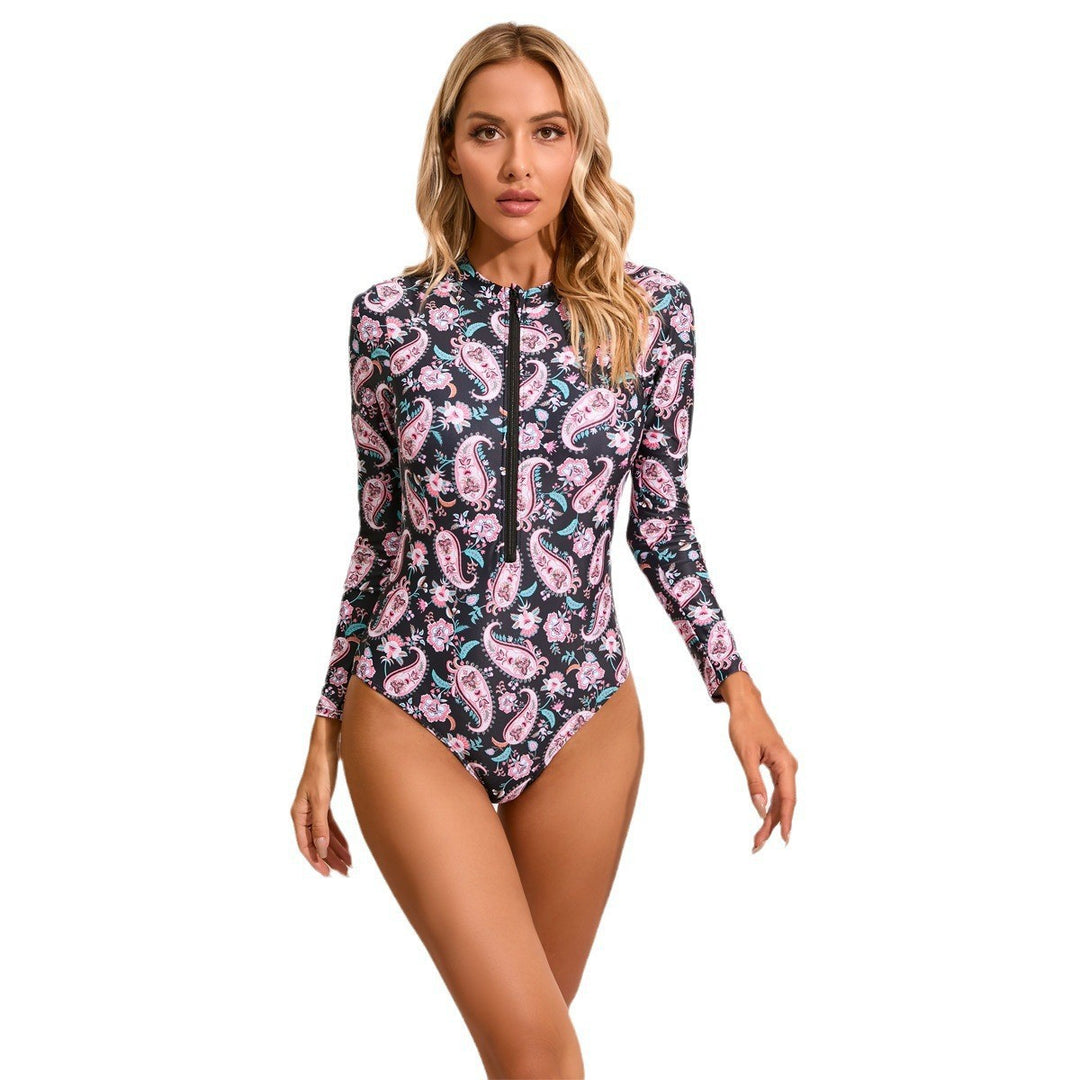 Women's High Neck One-Piece Swimsuit with Zip and Floral Pattern Mune Fashion