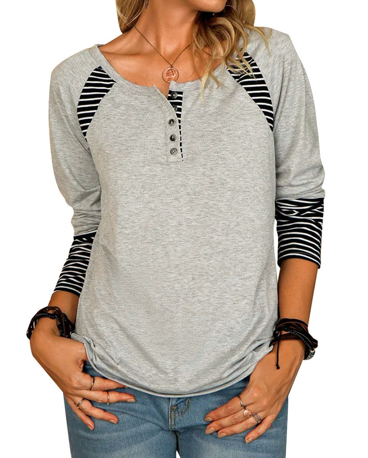 Women's Casual Raglan Henley Shirt with Button Placket and Striped Cuff Sleeves Drune