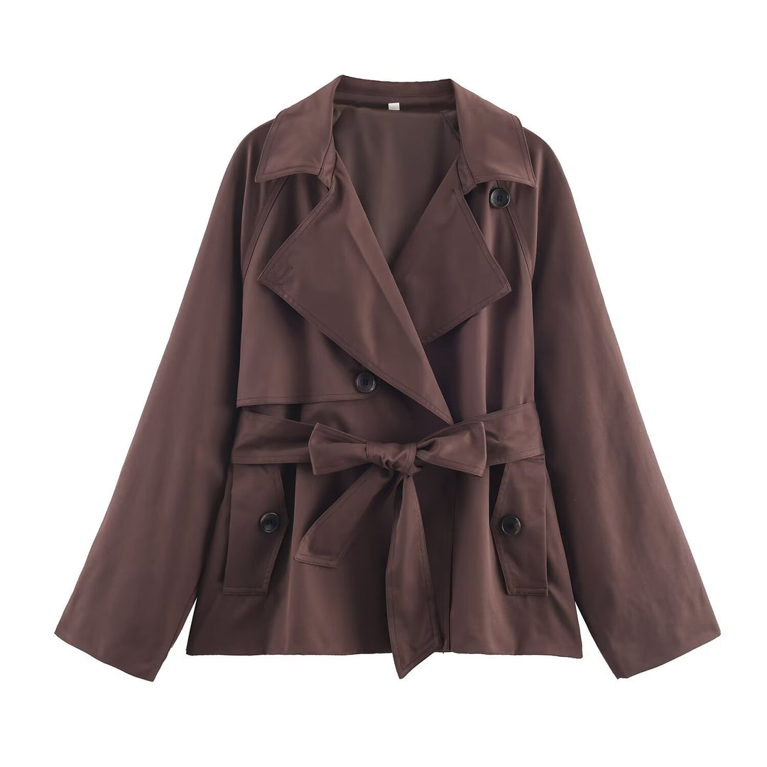 Women Cropped Waist Belt Trench Coat with Wide Lapels and Flap Pockets Mune Fashion