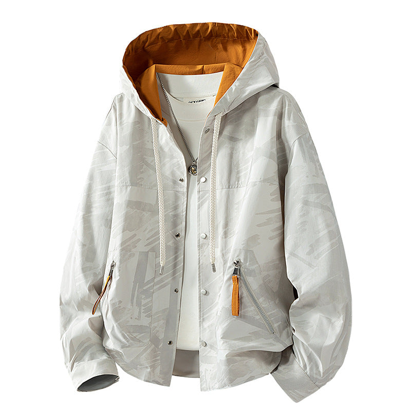 Men's lightweight hooded sweatshirt with subtle print, snap button placket, and slanted zip pockets Mune Fashion