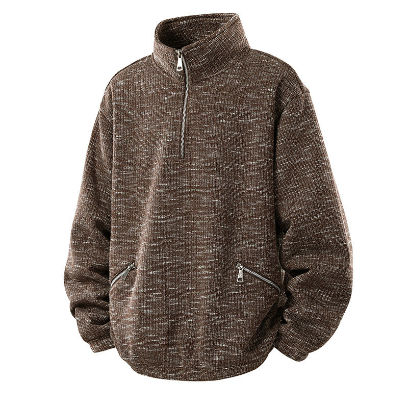 Men's Oversized Knit Look Half-Zip Sweater with Stand-Up Collar and Zip Pockets Mune Fashion