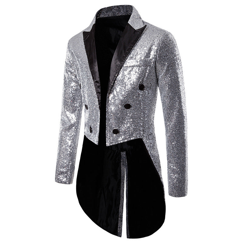Men's glittered tailcoat with pointed satin lapels, double-breasted and extended swallowtail Mune Fashion