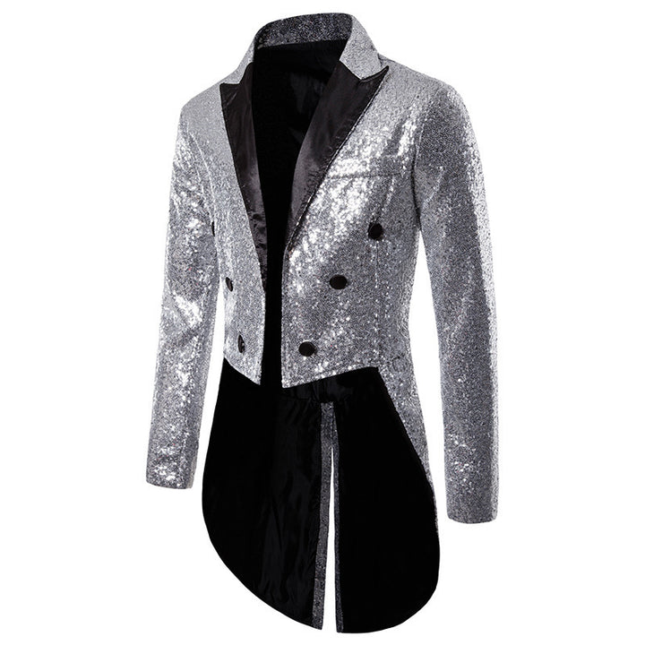 Men's glittered tailcoat with pointed satin lapels, double-breasted and extended swallowtail Mune Fashion