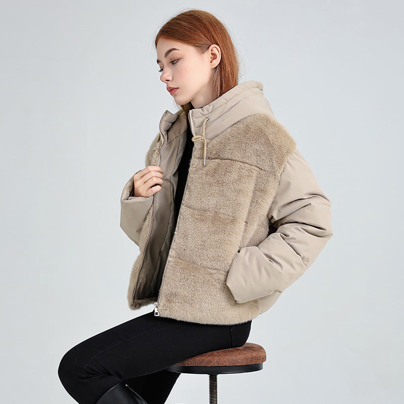 Women's Short Hybrid Winter Jacket with Velvety Faux Fur Front and Hooded Collar Mune Fashion