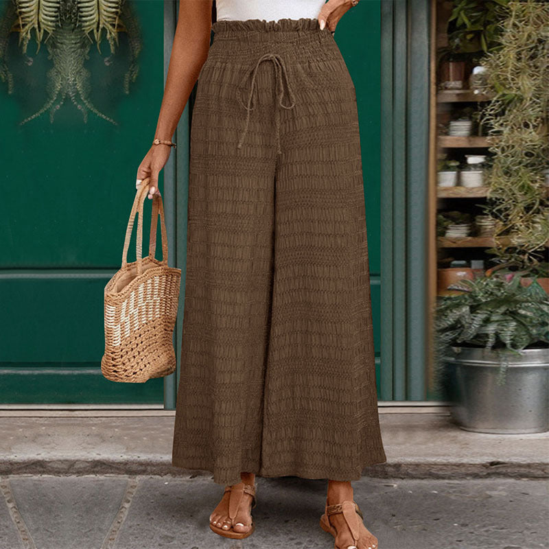 Women's wide high-waisted summer pants with smocked waistband and drawstring Mune Fashion