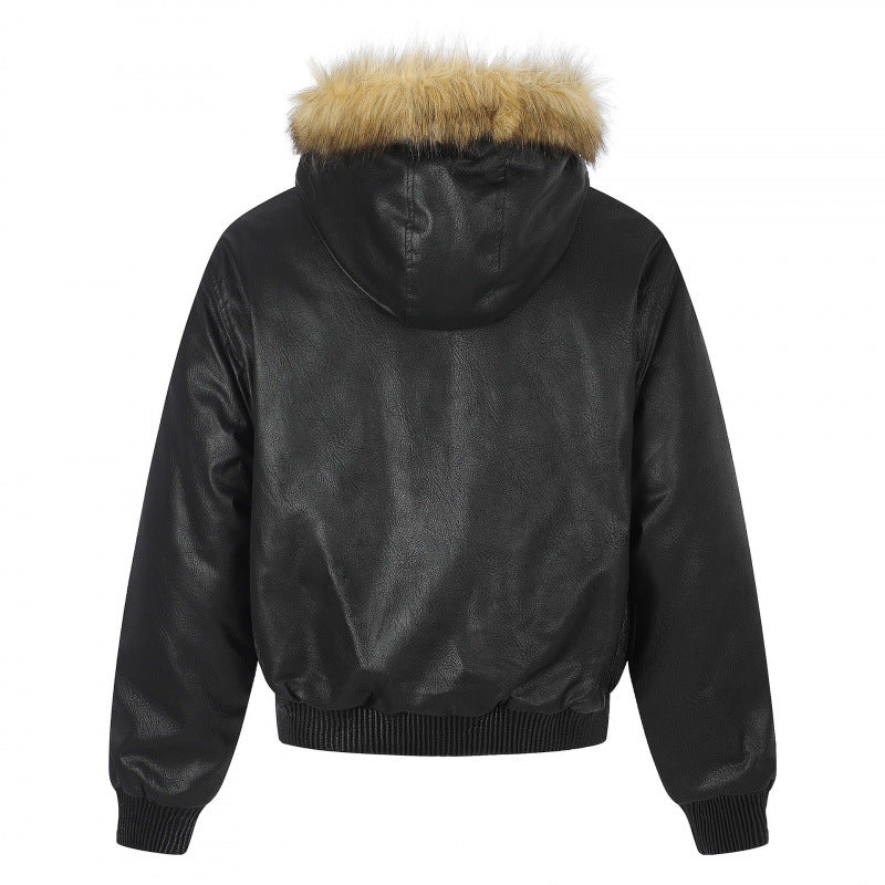 Women's Hooded Jacket in Leather Look with Studded Trim, Faux Fur Collar and Ribbed Hem Mune Fashion