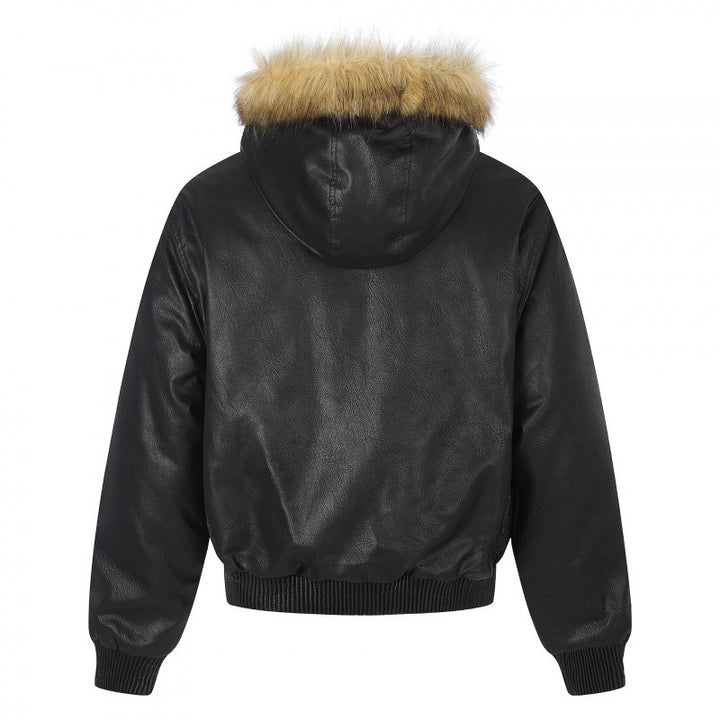 Women's Hooded Jacket in Leather Look with Studded Trim, Faux Fur Collar and Ribbed Hem Mune Fashion