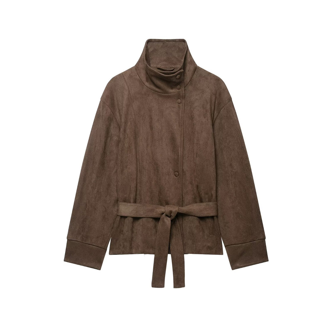 Women's Short Suede Jacket with High Stand Collar and Tie Belt Mune Fashion