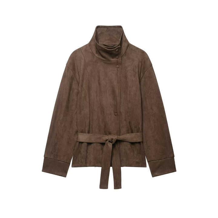 Women's Short Suede Jacket with High Stand Collar and Tie Belt Mune Fashion